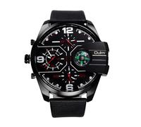 OIDEA Men's Watch Leather Sports Watch: Black Leather Strap Quartz Analogue Men's Watch with 3 Time Zones Red Hands Dial Compass Decor Gift for Men Father Family Friend