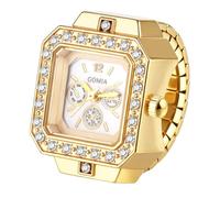 Oidea Mens Womens Finger Watch: Luxury Rhinestones Diamond Decor Square Dial Stretchy Band Elastic Analog Quartz Business Casual Ring Watches Gold