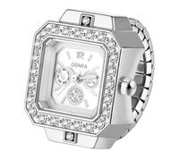 Oidea Mens Womens Finger Watch: Luxury Rhinestones Diamond Decor Square Dial Stretchy Band Elastic Analog Quartz Business Casual Ring Watches Silver