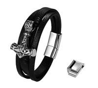 Oidea Norse Viking Thor Mjolnir Hammer Bracelet for Men - Multilayer Braided Leather Viking Bracelet, Buckle Adjustable Wrap Cuff Wirstband Bracelets with Closure, Big