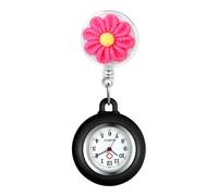 Oidea Nurse Watch for Nurses Doctors: Flowers Decoration Retractable Lapel Fob Watches with Second Hand Silicone Cover Clip-on Hanging Pocket Watch for Women Men Black
