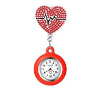 Oidea Nurse Watch for Nurses Doctors: Full Rhinestone Heart Decoration Silicone Cover Retractable Lapel Fob Watches with Second Hand Clip-on Hanging Pocket Watch Red