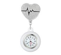 Oidea Nurse Watch for Nurses Doctors: Full Rhinestone Heart Decoration Silicone Cover Retractable Lapel Fob Watches with Second Hand Clip-on Hanging Pocket Watch White