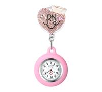 Oidea Nurse Watch for Nurses Doctors: Full Rhinestone Heart Decoration Silicone Retractable Lapel Fob Watches with Second Hand Clip-on Hanging Pocket Watch Pink