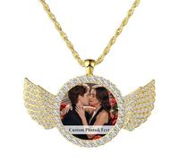 Oidea Personalized Photo Picture Necklace: Gold Shiny Rhinestones Angel Wings Locket Pendant Chain Necklaces Custom Memorial Jewelry Gifts for Men Women