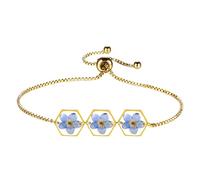 Oidea Pressed Flower Bracelets for Women: Gold Plated Handmade Forget Me Not Wildflower Bracelet Adjustable Alaska State Flower Bracelets Jewelry Gifts, Hexagon
