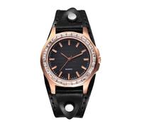Oidea Punk Leather Womens Watches: Steampunk Casual Rhinestone Diamond Analog Quartz Wrist Watches Black Leather Strap Cuff Wristwatch Business Easy to Read Dress Watch for Women