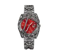 Oidea Punk Watch for Men: Steampunk Hip Hop Style Analog Quartz Luminous Hands Date Wristwatch for Daily Outdoor Party, Black Band Red Dial, Max Fit 8.27"