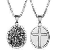 Oidea Saint Necklace for Men: Silver St Christopher Medal Necklace Travel Stainless Steel Traveler Religious Catholic Protection Amulet Jewelry Gifts for Men Women