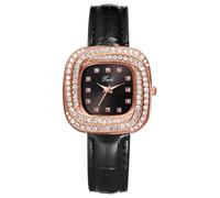 Oidea Square Leather Watch for Women: Elegant Rectangular Quartz Wrist Watches Shiny Zircon Diamond Dots Decor Casual Business Dress Ladies Wristwatch, Black Leather Strap
