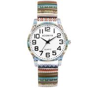 Oidea Stretch Band Watches for Women: Bohemia Flower Easy Reader Elastic Band Watch Large Face Big Number Analog Quartz Bracelet Watch Expansion Band Wristwatch
