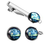 OIDEA Tie Clip Cufflinks Set for Men: Starry Night Pattern Necktie Tie Bar Clips Ideas Gifts for Him Father Husband Boyfriend Business Shirts Tuxedo Wedding, Silver