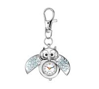 Oidea Unisex Portable Keychain Watch: Flip Open Owl Decoration Analog Quartz Clip on Pocket Watch Vintage Badge Watches with Key Ring Silver