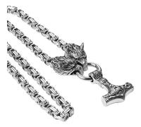 Oidea Viking Mjolnir Necklace for Men: Punk Stainless Steel Thors Hammer Necklace Amulet Pendant Heavy Duty Wolf Head Byzantine Chain Norse Pagan Jewelry Gifts, Silver 28''