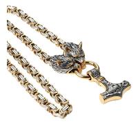 Oidea Viking Mjolnir Necklace for Men: Punk Stainless Steel Thors Hammer Necklace Amulet Pendant Heavy Duty Wolf Head Byzantine Chain Norse Pagan Jewelry Gifts, Silvergold 28''