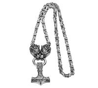 Oidea Viking Mjolnir Necklace for Men: Punk Stainless Steel Thors Hammer Necklace Amulet Pendant Heavy Duty Wolf Head Byzantine Chain Norse Pagan Jewelry Gifts, Silver