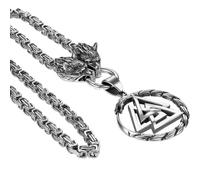Oidea Viking Necklace for Men: Vintage Ouroboros Snake Valknut Runes Pendant with Wolf Head Byzantine King Chain Nordic Amulet Jewelry Gifts 24" Chain Silver