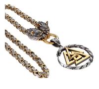 Oidea Viking Necklace for Men: Vintage Ouroboros Snake Valknut Runes Pendant with Wolf Head Byzantine King Chain Nordic Amulet Jewelry Gifts 24" Chain Silvergold