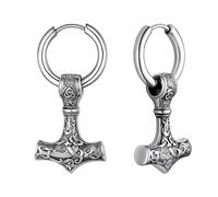 OIDEA Viking Thor Hammer Earrings for Men - Gothic Amulet Mjolnir Earring Vintage Stainless Steel Mens Earrings Huggie Hoop Dangle Drop Earring Jewelry Gift for Men Women, Silver