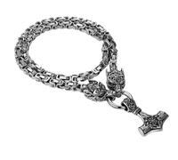 Oidea Viking Thor's Hammer Necklace for Men: Vintage Viking Helm of Awe Mjolnir Pendant with Wolf Head Byzantine Chain Amulet Jewelry Gift for Men Women 24in Chain Silver