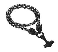Oidea Viking Thor's Hammer Necklace for Men: Vintage Viking Helm of Awe Mjolnir Pendant with Wolf Head Byzantine Chain Amulet Jewelry Gift for Men Women 24in Chain Silverblack