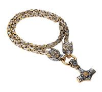 Oidea Viking Thor's Hammer Necklace for Men: Vintage Viking Helm of Awe Mjolnir Pendant with Wolf Head Byzantine Chain Amulet Jewelry Gift for Men Women 24in Chain Silvergold