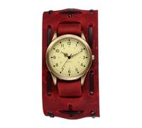 Oidea Vintage Punk Leather Watch for Men: Retro Steampunk Hip-Hop Wide Band Cuff Quartz Analog Bracelet Watches Halloween Wristwatch Red Strap