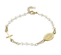 Oidea Virgin Mary Cross Rosary Bracelet: Gold Catholic Beaded Bracelets for Women Virgin of Guadalupe Adjustable Link Chain Bracelet Jewelry Gifts, White Beads