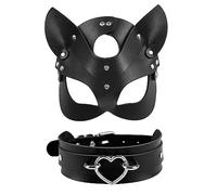 Oidea Women Leather Mask Set: Black Punk Love Heart Adjustable Choker Necklace Collar Bunny Rabbit Fox Masquerade Mask for Women Halloween Party Cosplay Costume Accessory