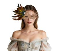 Oidea Women Peacock Feather Lace Mask, Rhinestone, Half Face, Camel