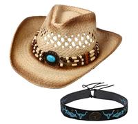OIDEA Women's Cowboy Hats Boho: Beige Gradient Cowboy Hat Straw Hat Unisex Summer Beach Hat Panama Hat Foldable Sun Hat Western Hat Hippie Hat for Women Girls Men with 2 Hat Chains