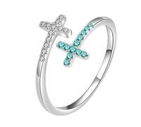 Oidea Women's Double Cross Ring: Silver Blue Cubic Zirconia Pray Cross Rings for Women Adjustable Stackable Faith Purity Ring Baptism Christian Jewelry Gift for Her