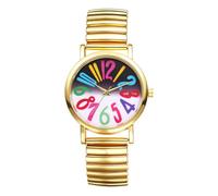 Oidea Women's Easy Reader Watch: Simple Colorful Big Arabic Numbers Dial Analog Quartz Elastic Watch Golden Stainless Steel Stretch Band Ladies Watches