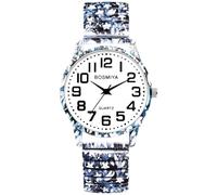 Oidea Womens Elastic Strap Watch: Boho Floral Stretch Band Wrist Watches for Woman Easy Reader Big Number Analog Quartz Bracelet Watch Stainless Steel Expansion Band