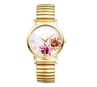 Oidea Womens Elastic Strap Watch: Classic Pastoral Style Flowers Bar Scale Round Dial Analog Quartz Wristwatch Casual Ladies Watch with Gold Stainless Steel Stretch Band