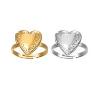 Oidea Women's Heart Locket Rings Set: 2 Pieces Silver Gold Adjustable Stainless Steel Memorial Photo Ring that Hold Pictures Memory Jewelry Gifts for Women