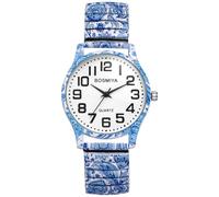 Oidea Womens Stretch Band Watches: Bohemia Flower Easy Reader Elastic Band Watch Big Number Analog Quartz Bracelet Watch Expansion Band Wristwatches Jewelry Gift