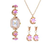 Oidea Women's Watch Jewelry Set: Fashion Small Square Dial Analog Quartz Bracelet Watch Imitation Moonstone Moon Star Earrings Necklace Set for Ladies Women Pink