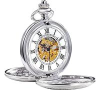 OIDESA Pocket Watch Watch with Chain Antique Mens Pocket Watch Skeleton Mechanical Half Hunter Golden/Bronze/Silver Double Case Roman Numerals (Color : Silver)