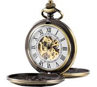 OIDESA Pocket Watch Watch with Chain Antique Mens Pocket Watch Skeleton Mechanical Half Hunter Golden/Bronze/Silver Double Case Roman Numerals (Color : Bronze)