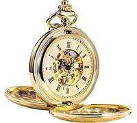OIDESA Pocket Watch Watch with Chain Antique Mens Pocket Watch Skeleton Mechanical Half Hunter Golden/Bronze/Silver Double Case Roman Numerals (Color : Golden)