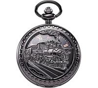 OIDESA Pocket Watch Watch with Chain Antique Mens Pocket Watch Skeleton Mechanical Hollow Bronze Case 3D Steam Train Railroad Roman Numerals (Color : Svart)