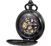 OIDESA Pocket Watch Watch with Chain Pocket Watch with Chain Men's Analog Hand Winding Double Case Antique Gear Roman Numerals Bronze/Black/Gold (Color : Svart)