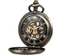 OIDESA Pocket Watch Watch with Chain Pocket Watch with Chain Men's Analog Hand Winding Double Case Antique Gear Roman Numerals Bronze/Black/Gold (Color : Bronze)