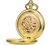 OIDESA Pocket Watch Watch with Chain Pocket Watch with Chain Men's Analog Hand Winding Double Case Antique Gear Roman Numerals Bronze/Black/Gold (Color : Gold)