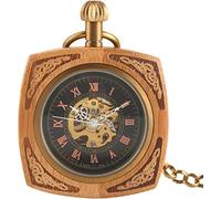 OIDESA Pocket Watch Watch with Chain Square Mechanical Hand Winding Royal Red Bamboo Wood Pocket Watch Retro Antique Gifts for Men Women Vintage (Color : Red Wood) (Color : Red Wood)