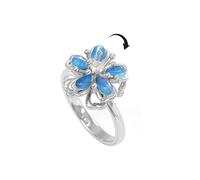 OIDIMS Blue Flower Fidget Spinner Ring for Women Rotating Anxiety Stackable Promise Wedding Imitation Crystal Adjustable Open Band Spinning Elegant Floral Rings for ADHD Stress Relief Jewelry