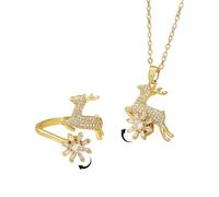 OIDIMS Cute Xmas Deer Rotating Snowflake Ring Necklace Jewelry Set for Women Cubic Zirconia Open Adjustable Fidget Spinner Rings Elegant Pendant Necklace Little Reindeer Winter Flower Anxiety Jewelry
