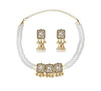 OIDIMS Indian Pearl Choker Necklace Jhumki Dangle Chandelier Earring Set for Women Crystal Tassel Beaded Pendant Boho Earrings Fashion Chunky Necklaces Party Wedding Bollywood Jewelry Jhumka Festival