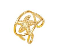 OIDIMS Starfish Ring for Women Fashion Ocean Sea Star Conch Shell Vacation Adjustable Rings Stylish Open Band Stainless Steel Comfort Fit Knuckle Middle Finger Minimalist Summer Coastal Jewelry, Metal